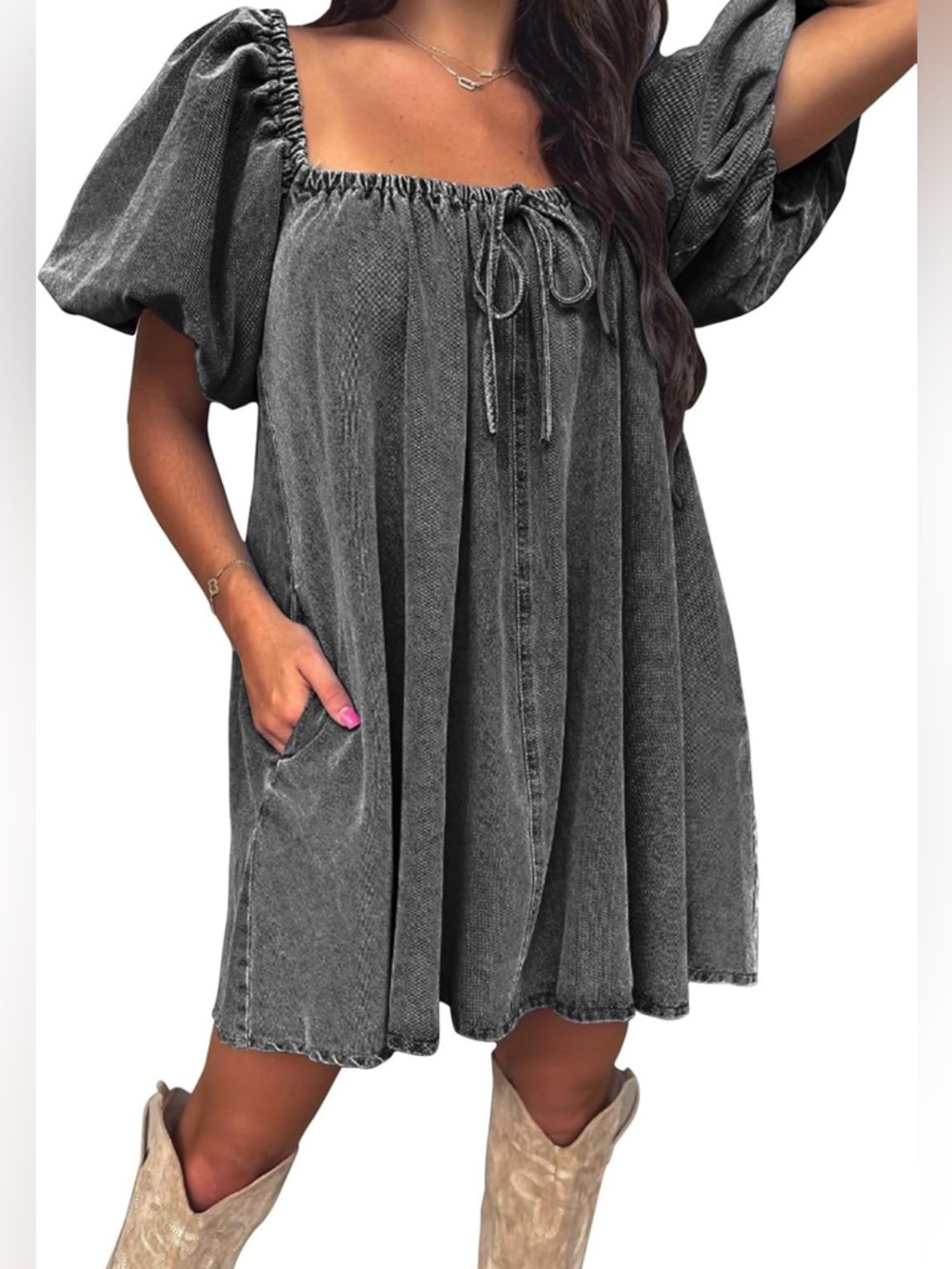 Square Neck Puff Sleeve Mini Dress in Charcoal